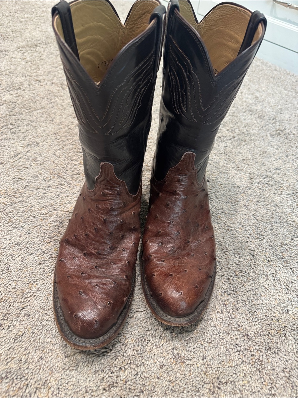 Lucchese Two-Tone Brown full Ostrich-& Black Leather Cowboy Boots